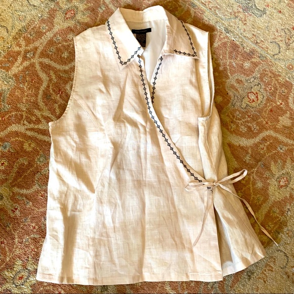 Tops - Cream Colour Sleeveless Linen Wrap Collared Blouse